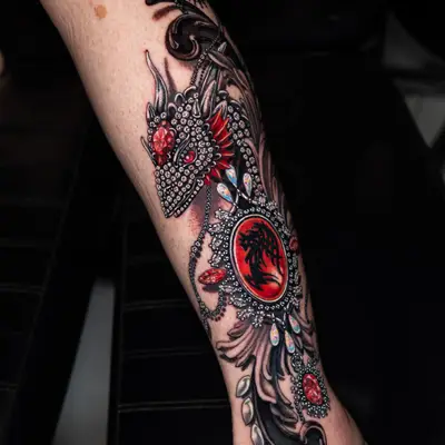 Intricate dragon tattoo on the lower leg with red accents