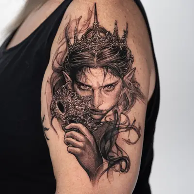 Tattoo of an elf woman with a crown and mask on arm.