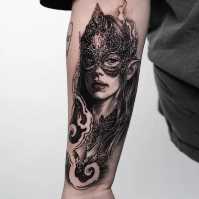 Tattoo of a woman in an ornate mask with long hair on forearm