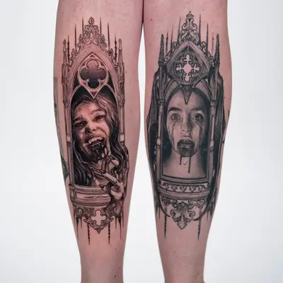 Gothic portrait tattoos on both calves, depicting women with ornate frames.