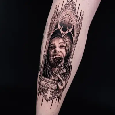 Tattoo of a woman in a gothic mirror, depicting a haunting expression.