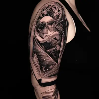 Tattoo of a romantic embrace within an open book on an arm.