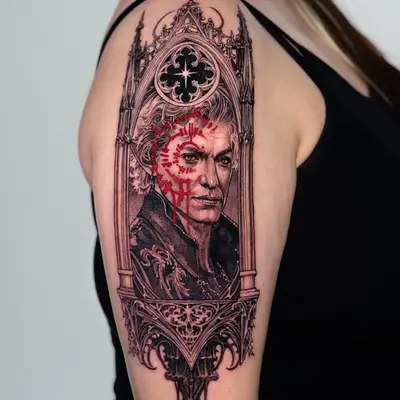 Black and grey portrait tattoo with red accents on upper arm.