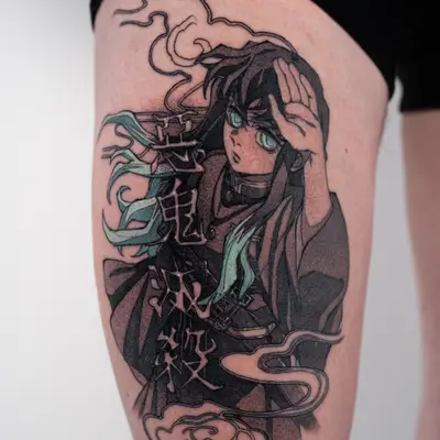 Tattoo of a character with teal hair and clouds on a thigh.