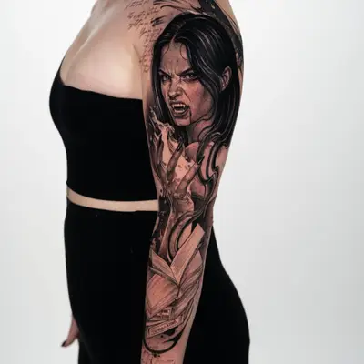 Black and grey tattoo outer arm panel showing a snarling dark-haired woman with fangs holding a flame, above open books with spines reading The Book of Azrael and A Throne of Broken Gods.