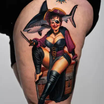 Colorful tattoo of pirate woman with shark and treasure chest on thigh.