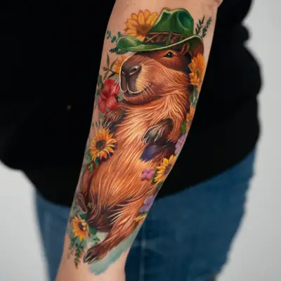 A colorful tattoo of a capybara wearing a green hat, surrounded by flowers.