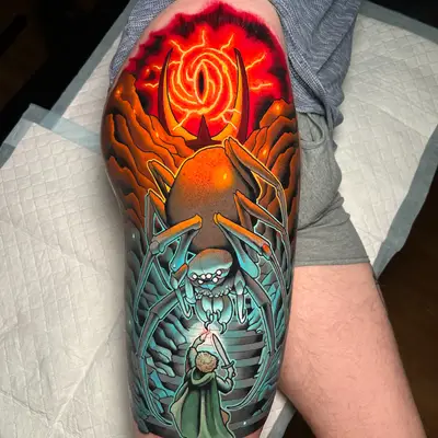 A colorful spider-themed tattoo featuring a figure with a sword facing the creature.