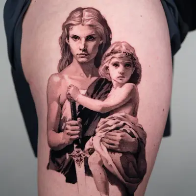 Realistic tattoo of two figures, an adult and child, in black and grey on upper leg.