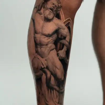 Realistic tattoo of man in struggle with serpents