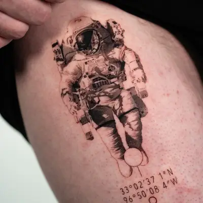 Tattoo of an astronaut with geographic coordinates.