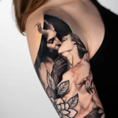Tattoo of a couple kissing with floral elements on upper arm