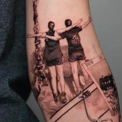 Tattoo of two people with arms around each other, inked in a realistic style.