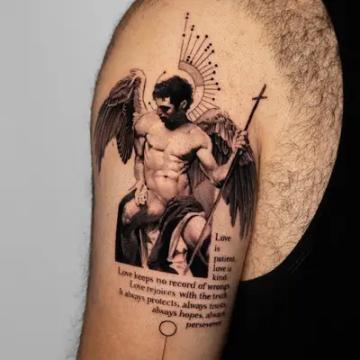Tattoo of a seated angel with a halo and staff, text below it.