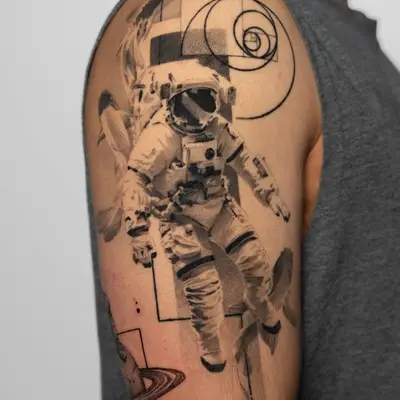 Black and grey realism tattoo of an astronaut and koi fish with fine line geometric elements.