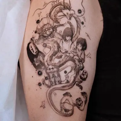 Tattoo depicting various anime characters in black and grey style on an arm.