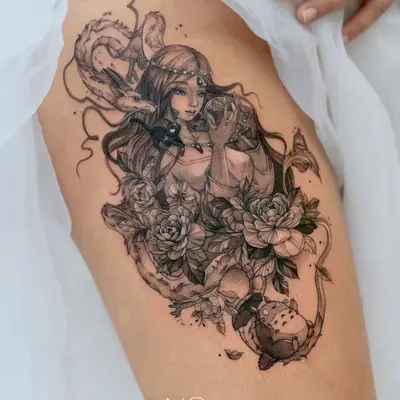 Intricate tattoo of a woman with a dragon and flowers on thigh.