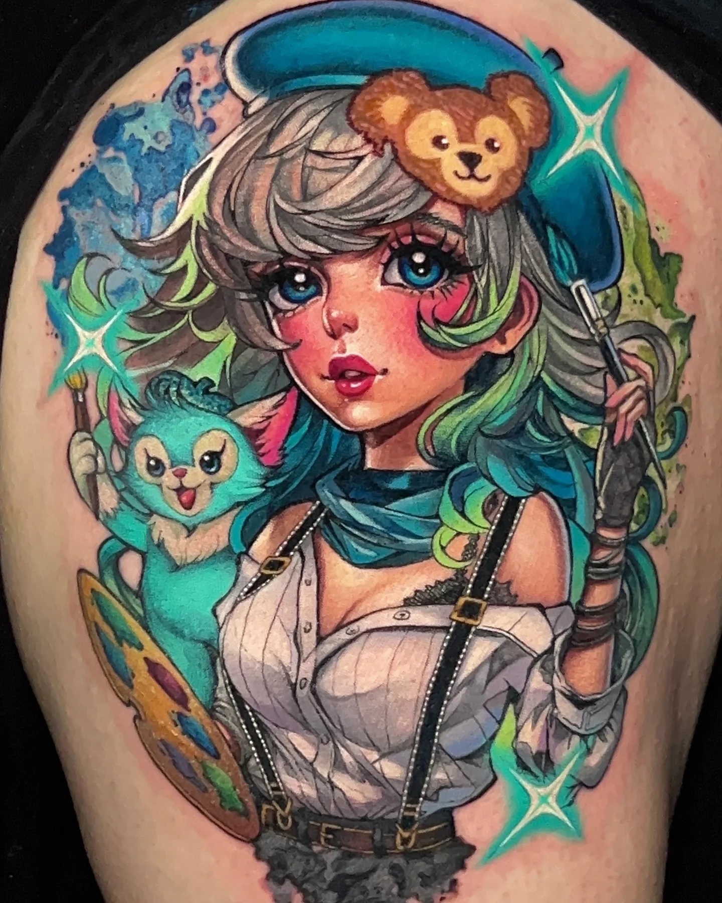 Colorful tattoo of a girl with teal hair and a palette, in anime style.