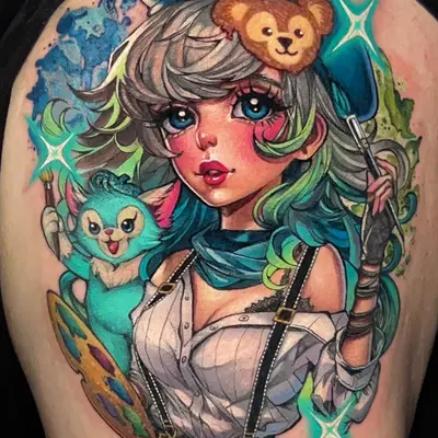 Colorful tattoo of a girl with teal hair and a palette, in anime style.