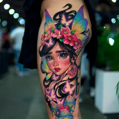 Colorful fairy tattoo with butterflies and mushrooms on the thigh.