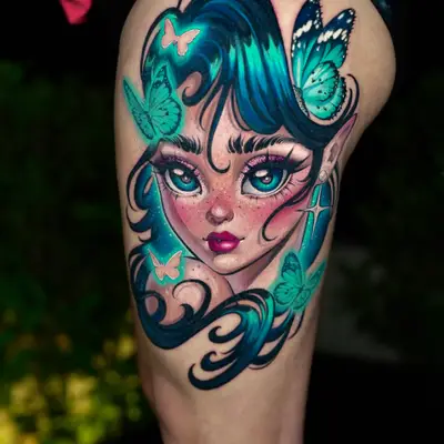 Color tattoo on the back of the thigh of a big-eyed fairy girl with pointed ears, flowing teal and navy hair and glowing mint butterflies, in an illustrative pop art style.
