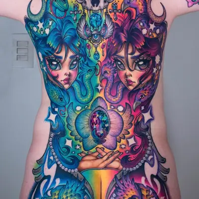 Colorful full back tattoo with surrealistic faces and abstract elements.