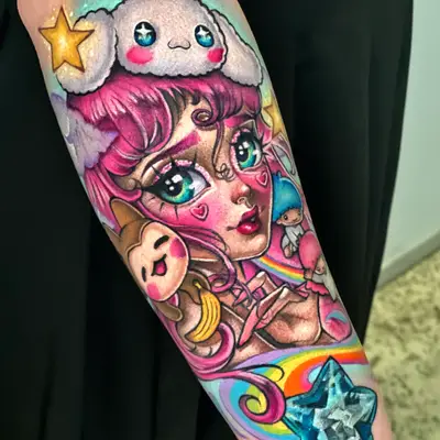 Color tattoo on a forearm of a pink-haired anime-style girl wearing a white Sanrio character as a hat, with small Sanrio characters, a rainbow and a faceted blue star near the wrist