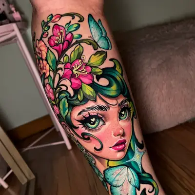 Colorful tattoo of a woman's face with floral and butterfly elements on leg