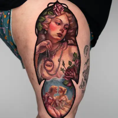 Tattoo of a woman with roses and pearls, featuring classical painting style.