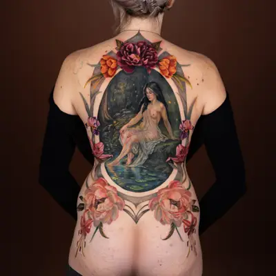 Large tattoo of a seated woman surrounded by flowers on a person's back.