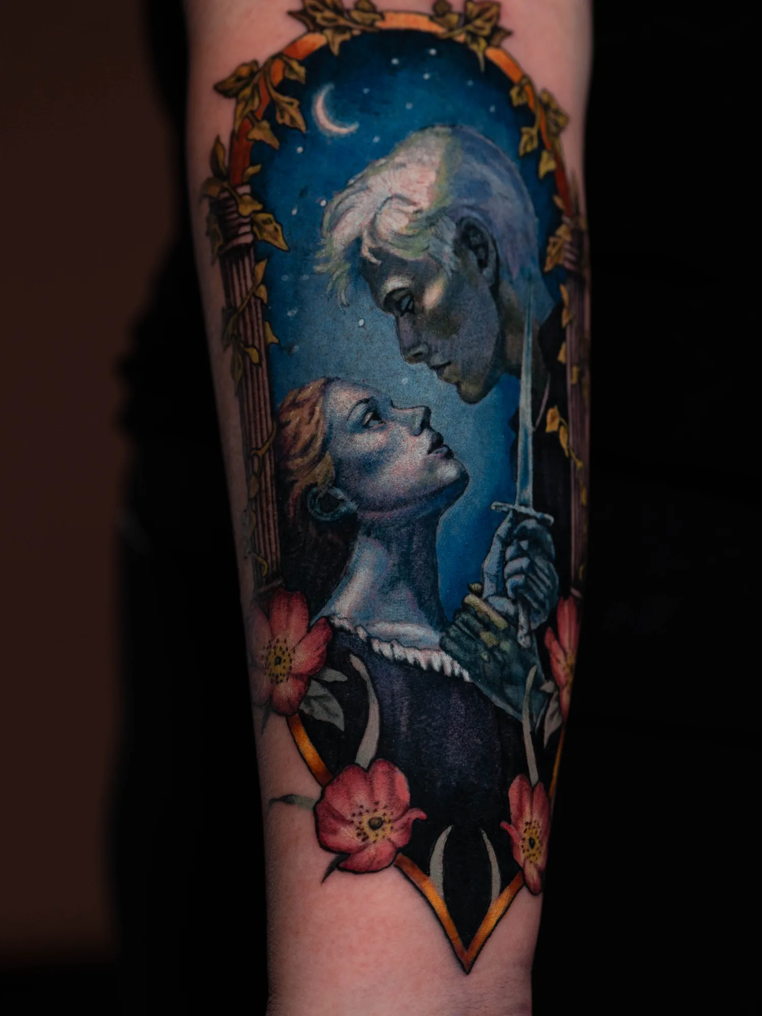 Painterly portrait on the forearm of Hermione and Draco from the famous fanfiction Manacled.