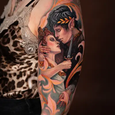 Tattoo of two elf-like figures embracing with decorative floral elements