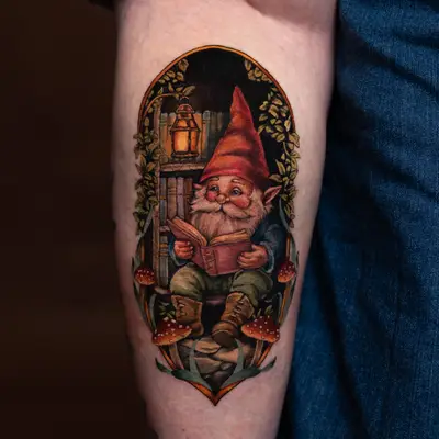 Tattoo of a gnome reading in a woodland setting.