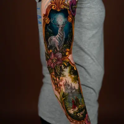 Color painterly sleeve of two framed scenes, a white stag under a star and a castle with two robed figures, joined by gold frames and hellebores, on an outer arm.