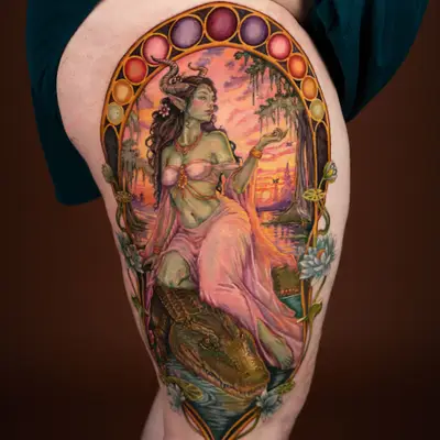 Color Art Nouveau tattoo of a green horned woman in a pink gown reclining against an alligator in a sunset bayou, inside an arched mosaic frame, on a front thigh panel.