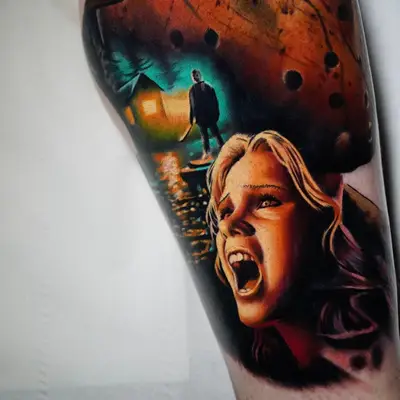 Surrealism portrait tattoo of a scene from Friday the 13th.