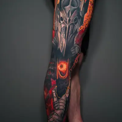 Detailed full leg tattoo featuring Sauron from Lord of the Rings and vibrant colors.