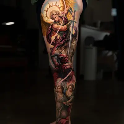 Colorful tattoo featuring an angel, demon, and two women on a leg.