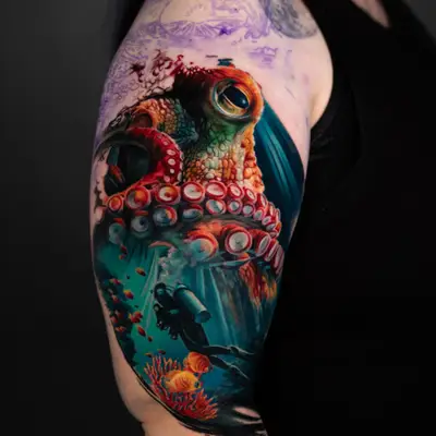Colorful octopus tattoo with diver, coral, and fish on arm.