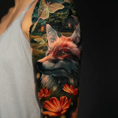 Tattoo of a realistic fox head with flowers on upper arm.