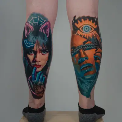 Two calf tattoos of surrealistic portraits with vivid colors.