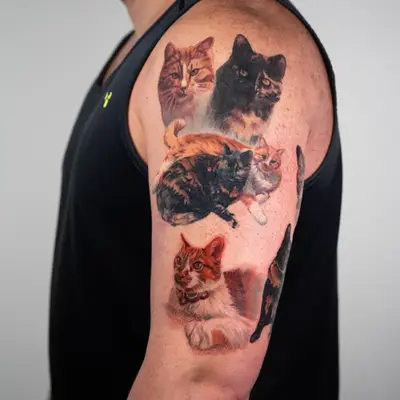 Realistic color tattoo of multiple cats on the upper arm.