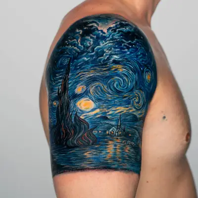 A rendition of Vincent Van Gogh's starry night on the upper arm. 