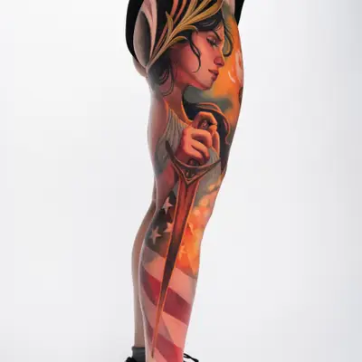 Realistic tattoo of a woman with a sword and flag on leg