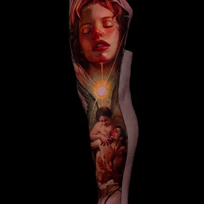 Tattoo of a painterly realism leg panel with a portrait and figures