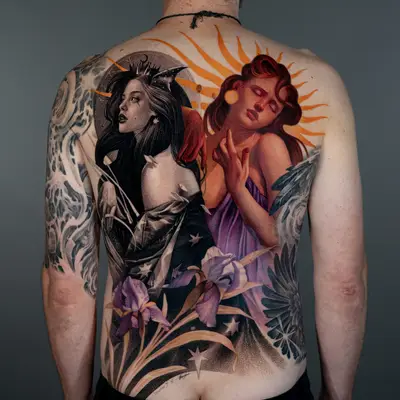 Tattoo featuring two ladies in black and grey and color with purple orchid flowers.