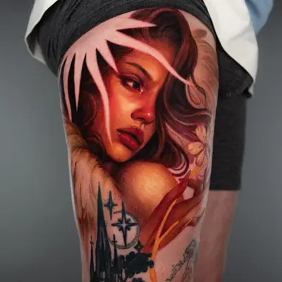 Tattoo of a lady holding a flower done in a painterly style on the thigh.