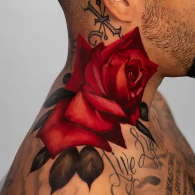 Color realism red rose on a neck.