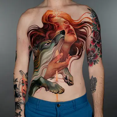 A colorful tattoo featuring a woman with flowing hair and a wolf's head on a man's torso.