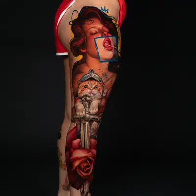 Graphic and painterly realistic tattoo of a woman, cat, and rose on a leg.